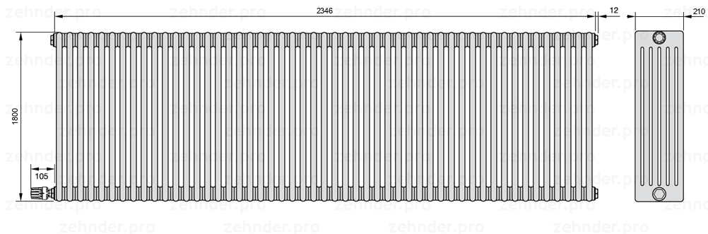 Схема (чертеж) Радиатор Zehnder Charleston 6180/51 №V004 Белый глянцевый RAL 9016